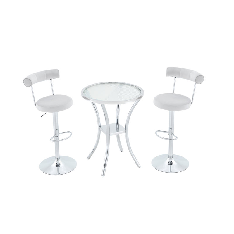 Table de bar en acier inoxydable avec plateau en verre trempé et base chromée - Rangement à deux niveaux pour la salle à manger