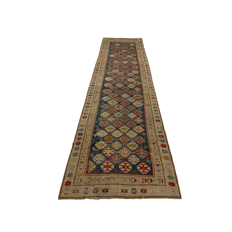 Tapis de couloir unique noué à la main de 2 pi 11 po x 11 pi 10 po de conception unique bleu / ivoire / rouge