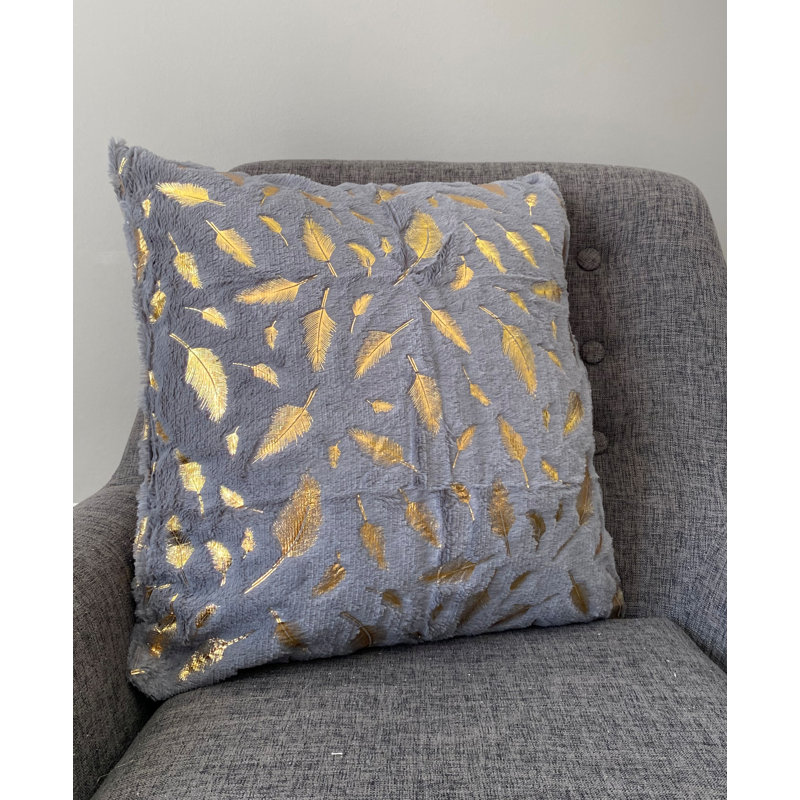 Golden Feather Appliqued Reversible Throw Pillow, Charcoal Gray