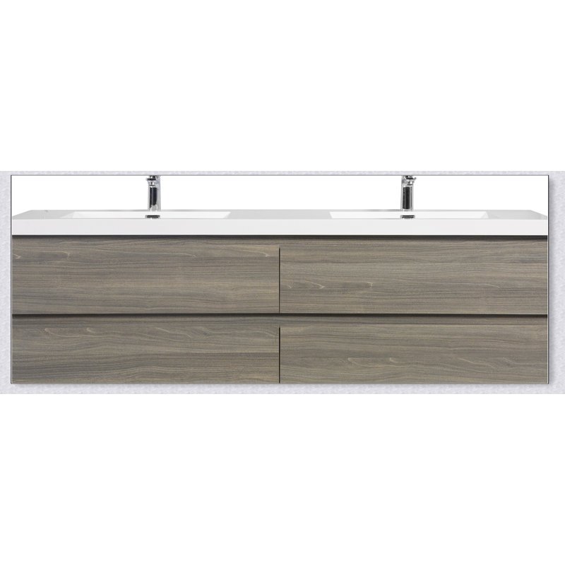 Meuble-lavabo flottant avec lavabo, meuble-lavabo mural moderne avec deux lavabos en quartz et quatre tiroirs à fermeture en douceur, 24V12-72GR