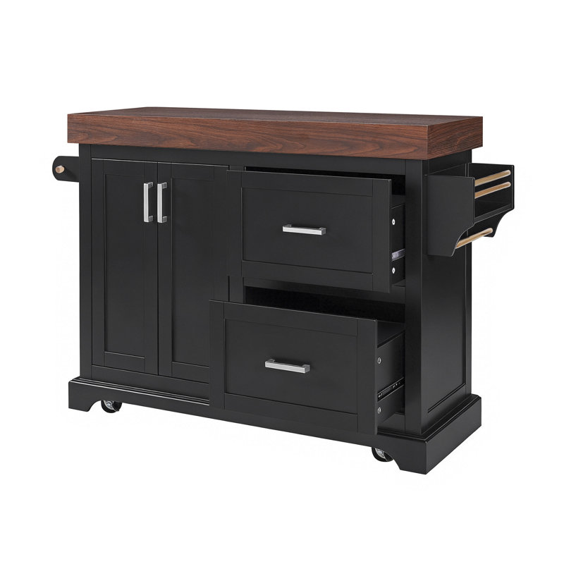 Large Kitchen Island with 3.5" Thick Desktop, Spice and Towel Racks, Rolling Kitchen Island with Storage on 5 Wheels, 2 Extra-large Drawers, for Home, Kitchen, Dining Room