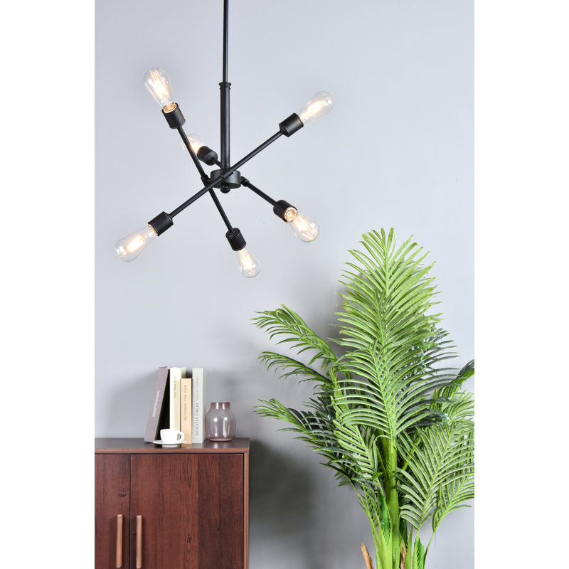 Lustre Spoutnik linéaire moderne Whelchel, Noir, Six lumières, H 19,6 po x l 17,1 po x P 17,1 po