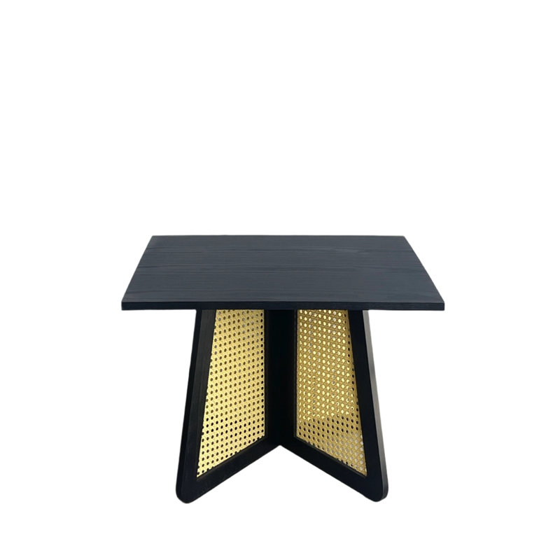 Bot Cane Square End Table with Natural Woven Inlay – Modern Wood Accent Table 