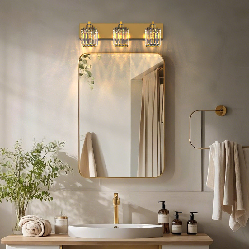 Éclairage pour salle de bain 3 lumières DEL à intensité variable avec cristal, Laiton antique