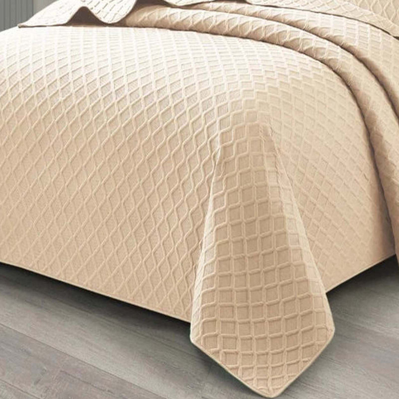 Bedspread Diamond Check Embossed Set with Pillow Shams, Textured All-Season Comfort, Single, Double, King & Super King, Beige