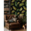 Papier peint feuilles de bananier sur fond noir, murale décorative verte et dorée-585097112