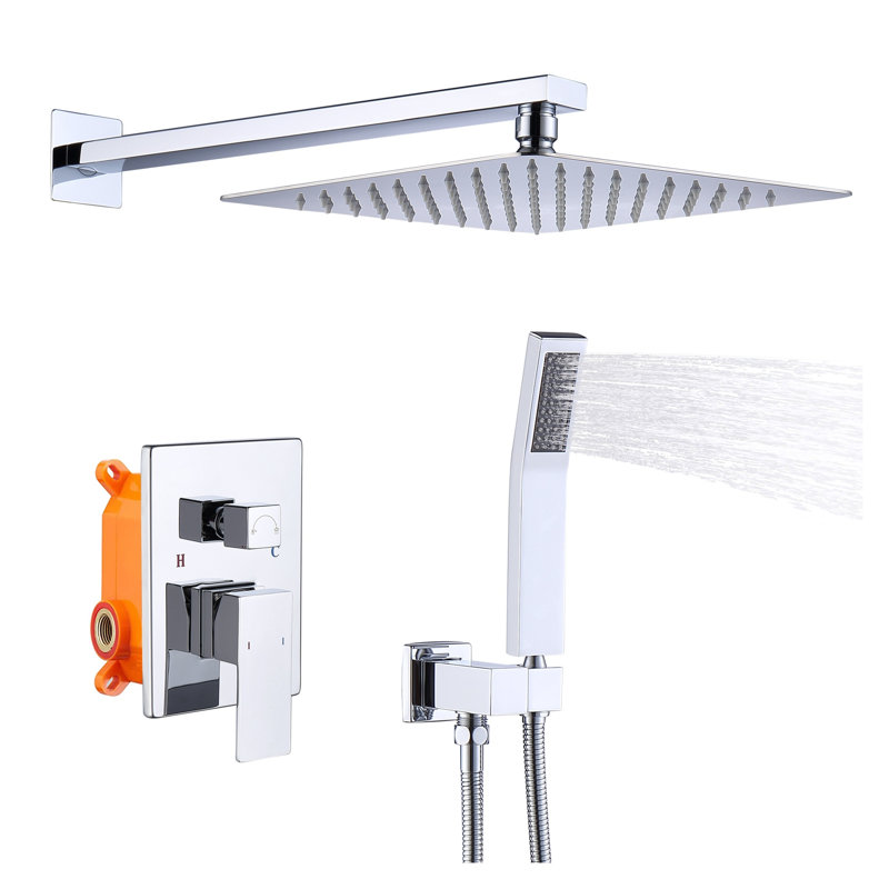 10 Inch Rainfall Shower Head and Handheld Shower Faucet Combo Set - Wall Mounted Chrome Shower System with Brass Valve Rough-In