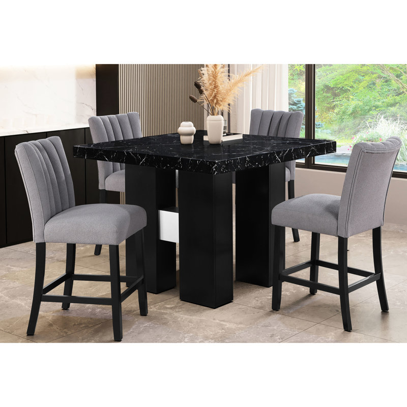 Table de bar noire, plateau de table très épais avec base double, style transitionnel, noir et bois d'hévéa, 48 po x 48 po x 36 po, table de bar noire de 198 lb, plateau de table à piédestal, transitionnel, finition, 48 x 48 x 36,