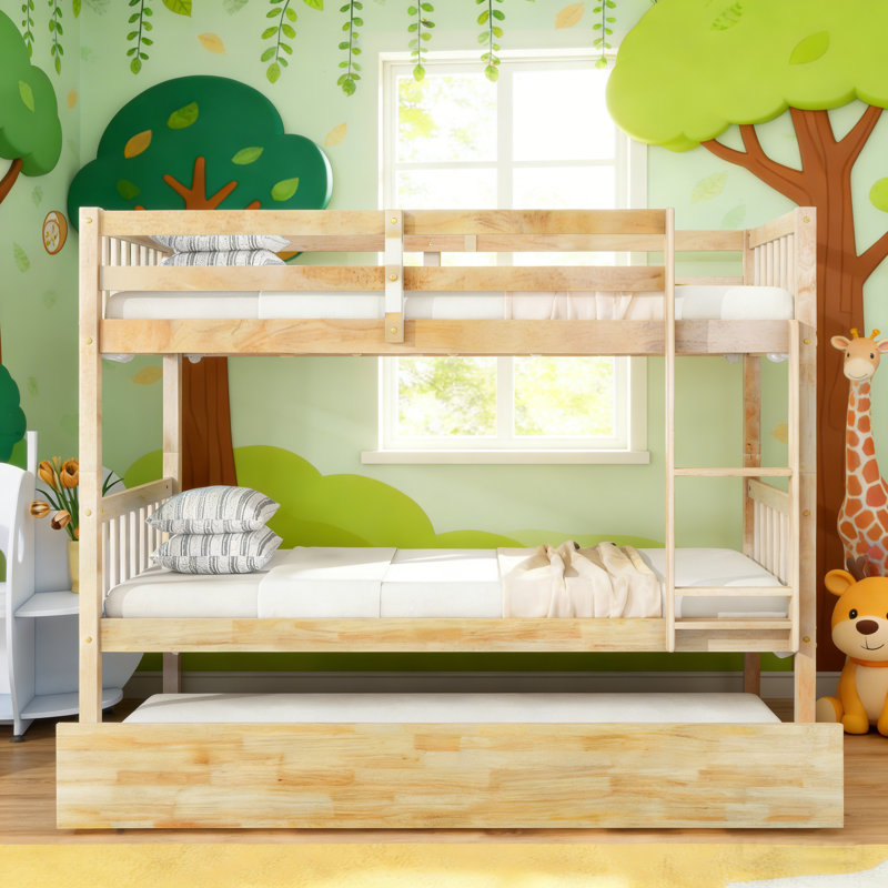 Twin Over Twin Solid Wood Bunk Bed With Trundle&Ladder, Convertible Into Twin Size Beds, Oak