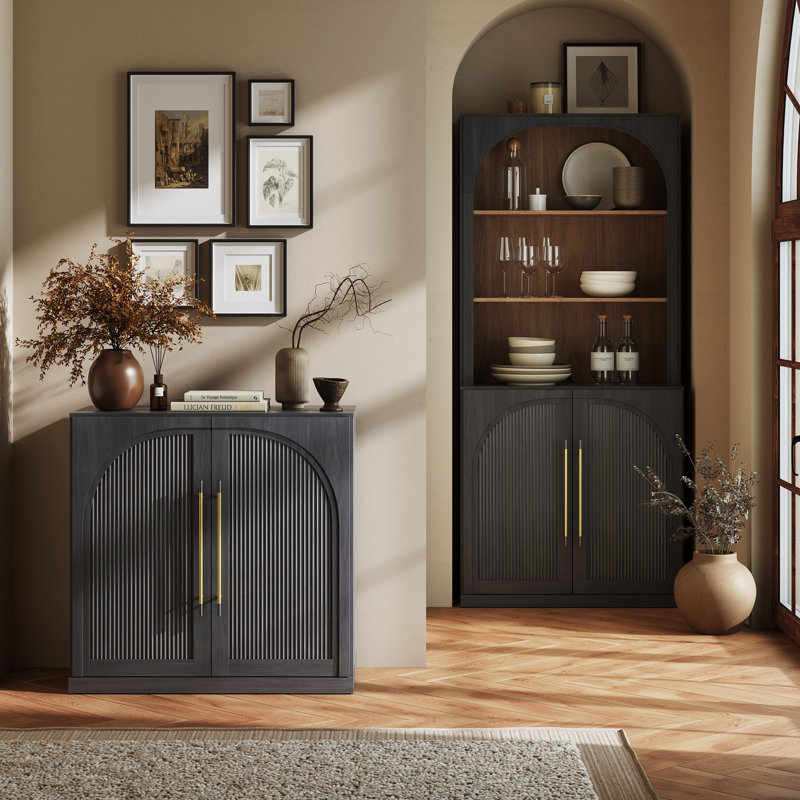 Ensemble de 3 buffets modulaires avec portes en bois à double arc, ébène, Ébène
