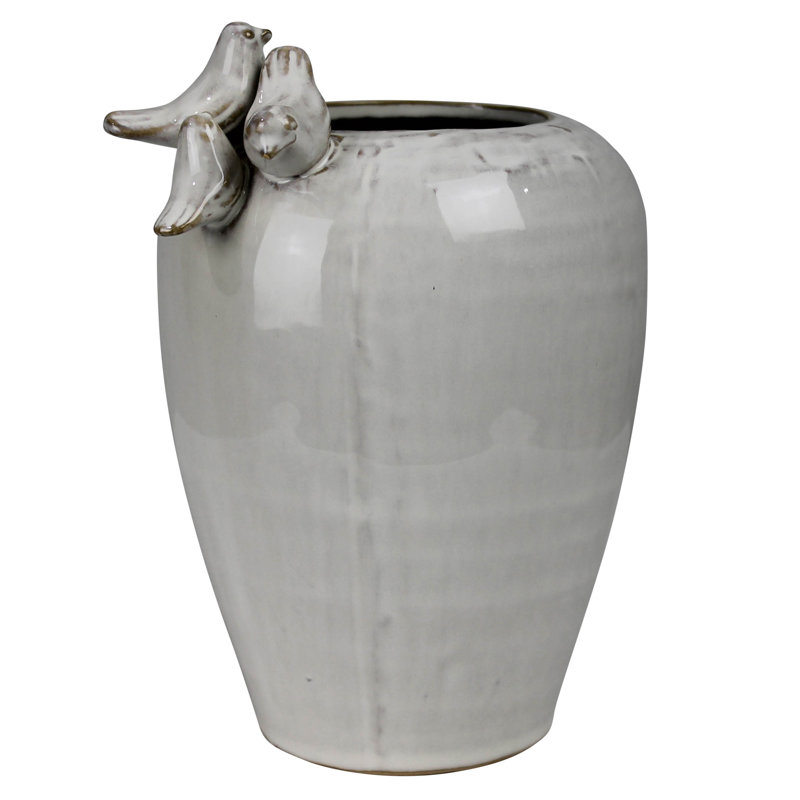 Vase With 3 Birds On Rim, Ceramic