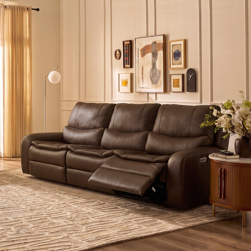 113"oversized Faux Leather Power Reclining Sofa With Adjustable Headrest, Dark Brown Faux Leather