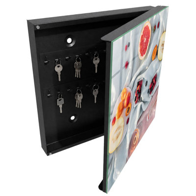 Wall mounted key box, Opens to the left, 30x30x5, White, Fruits on fabric with tempting colors, 