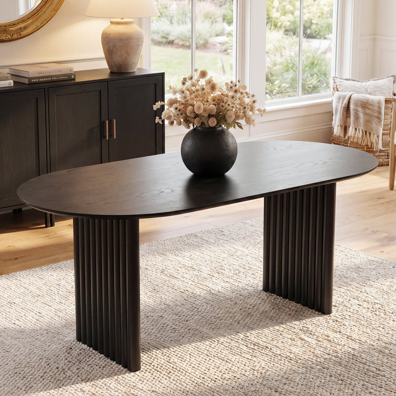 79" Soild Wood Dining Table with Double Pedestal Base &  Oval Tabletop , Black