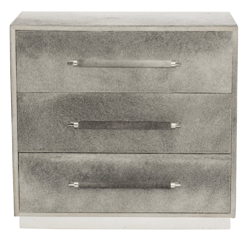 Beige Hair on Hide 3-Drawer Nightstand with Acrylic Pulls