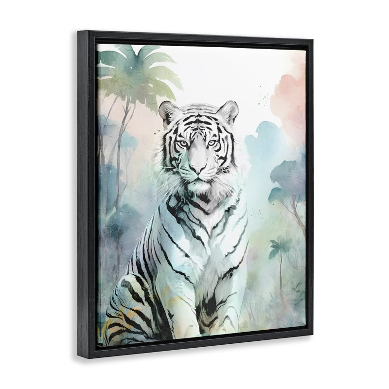 Cadre flottant tigre blanc dans la jungle, design par Kim Allen, Cadre flottant noir de jais, H 21 po x l 17 po