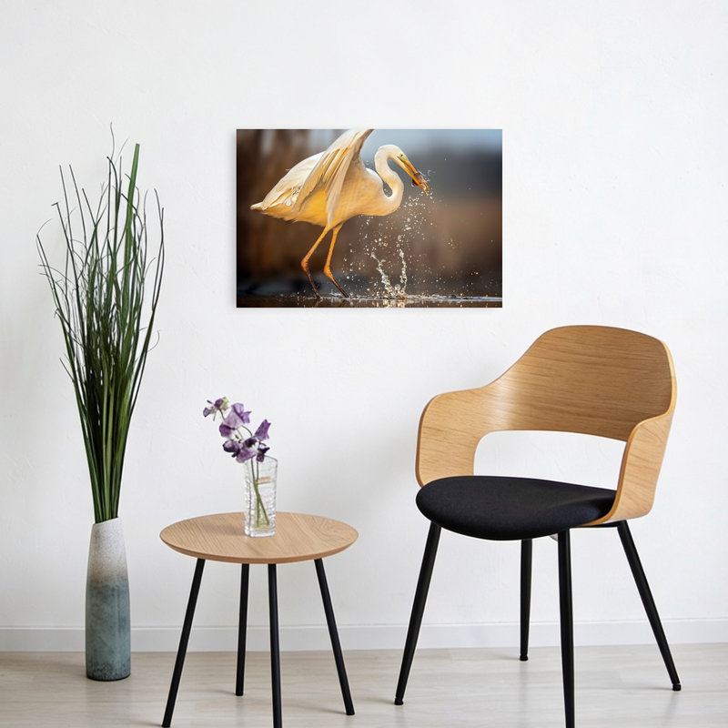 Egret Catches Fish Serene Contemporary Bird Fish Nature Wildlife Wall Art Print 1 Piece Wrapped Canvas Wall Art