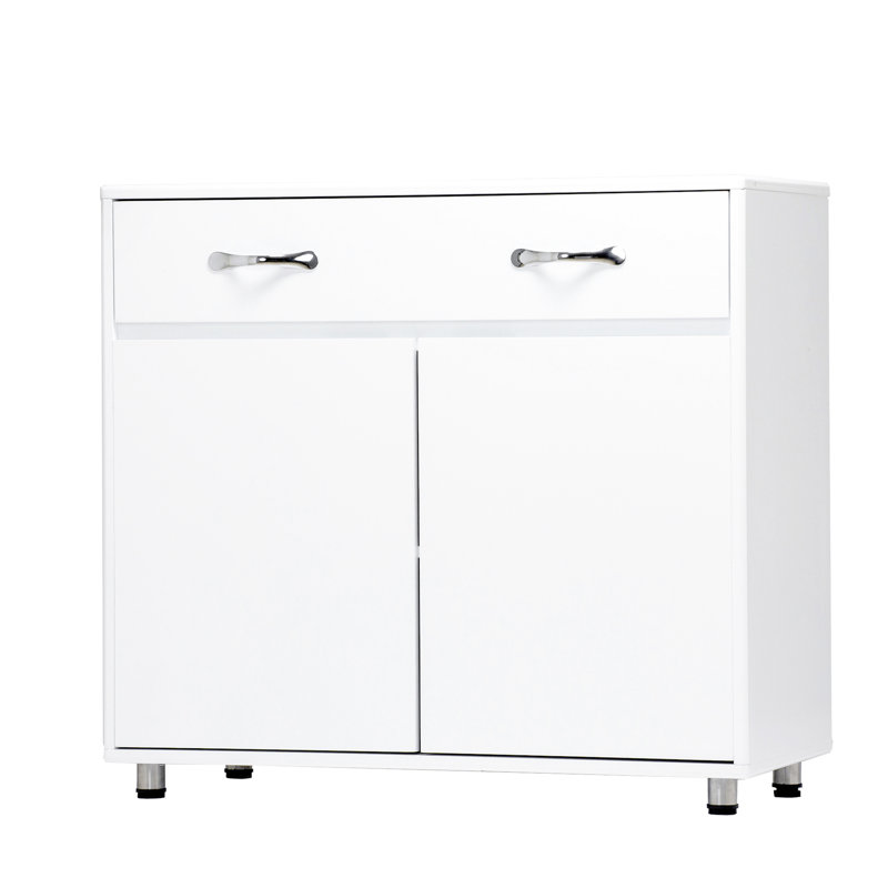Table d'appoint blanche à deux portes: armoire polyvalente pour la vie, l'entrée, la cuisine, la chambre à coucher. Excellent procédé de peinture et E1. Conception simple avec des lignes fluides. Assemblage requis. Pieds en acier Safe Tube