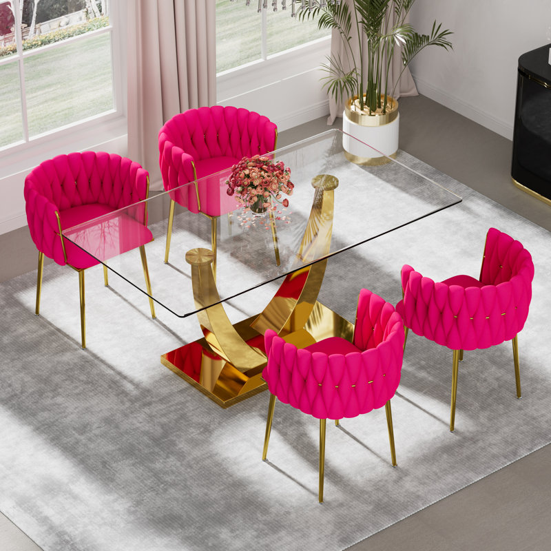 Ensemble de salle à manger rectangulaire à piédestal avec chaise tissée, Rose rouge, Doré