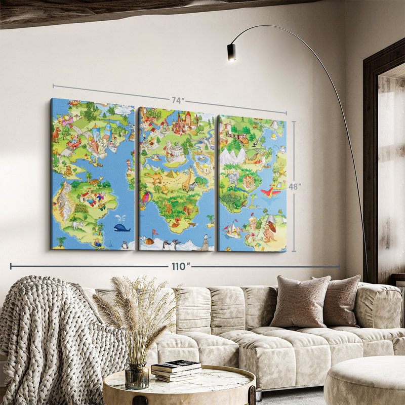 "Carte du monde à dessins animés" sur toile, H 48 po x l 74 po x P 1,25 po