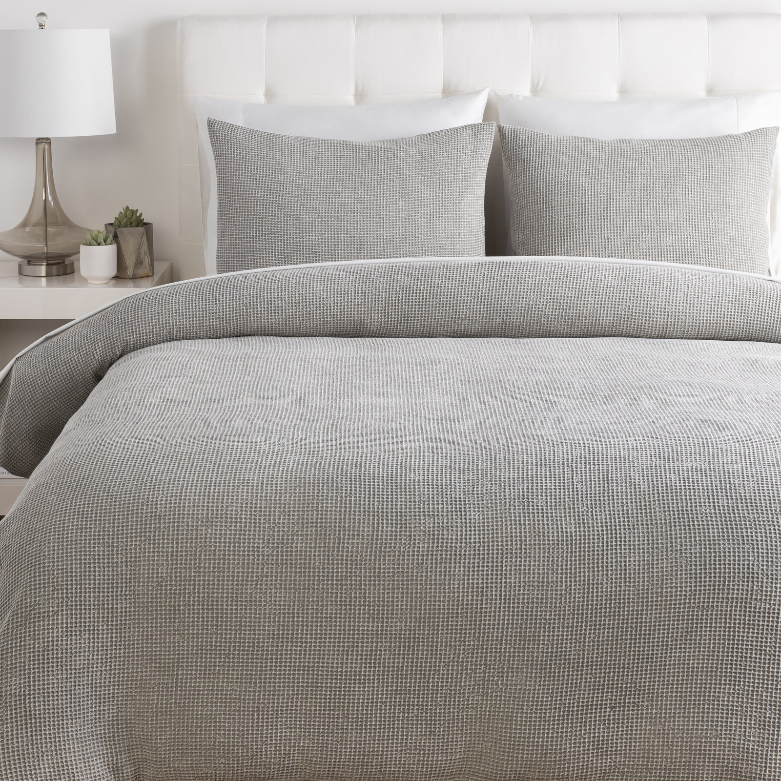 Kappa Cotton Waffle Duvet Cover Set, Queen Duvet Cover + 2 Standard Shams, Light Gray