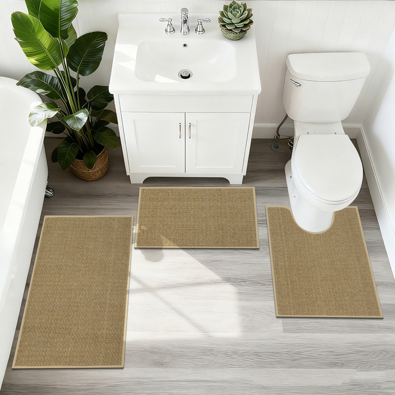 3 Piece Soft Absorbent Microfiber Bath Rug Set With Non-Slip Backing, Beige/Gold