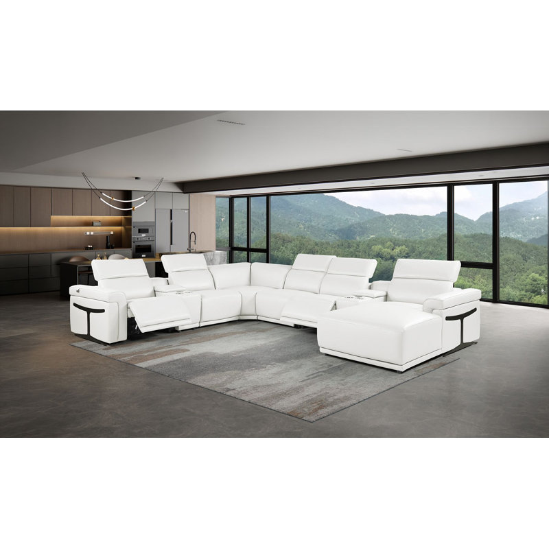 Canapé modulaire blanc en forme de L en cuir italien 8 pièces faisant face à la droite avec 2 fauteuils inclinables électriques et appuis-tête réglables