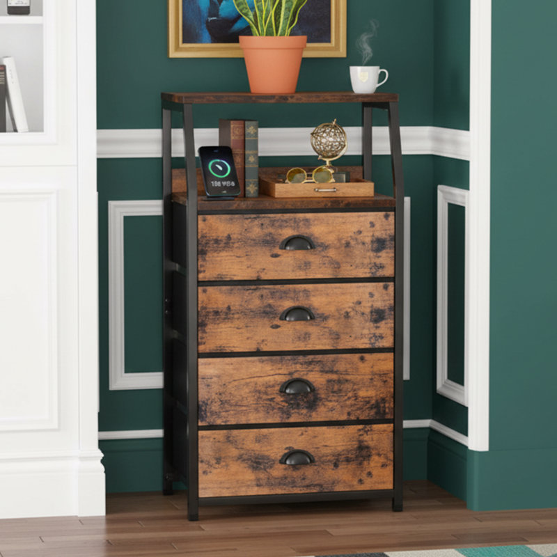 33" H 4-Drawer Storage Tower with Wood Top, Slim Fabric Dresser and Nightstand, Rustic Brown/Black