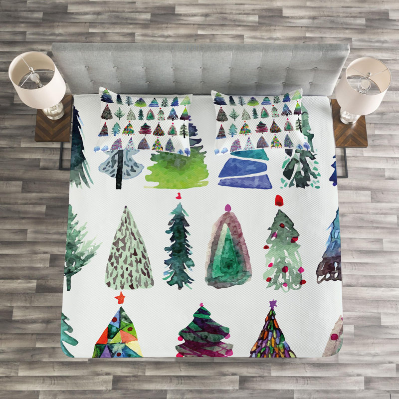 Queen White Watercolor Fir Trees Bedspread Set