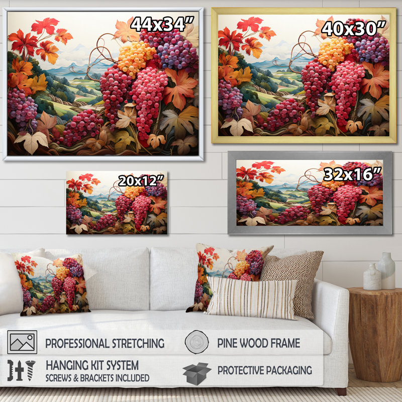 «Atworth Pink Coral Grapes Vineyard Pointillism», reproduction, Cadre simple blanc, H 16 po x l 32 po x P 1 po