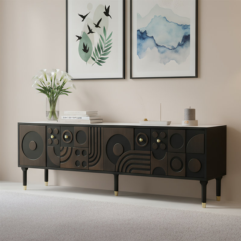 Mid-Century Tv Stand With Artistic Carved Doors, Modern Tv Console With 4 Cabinet Storage, Retro Media Console For 50-75 Inch Tv - Black