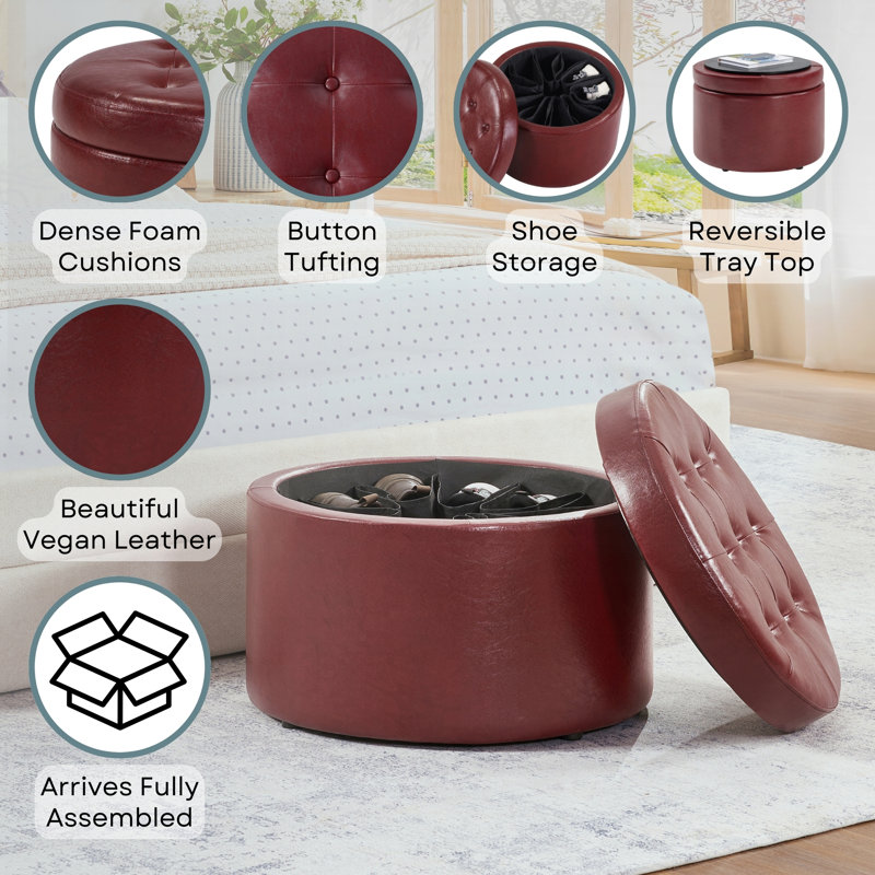 Stansell 22" Wide Tufted Round Storage Ottoman, Burgundy Faux Leather