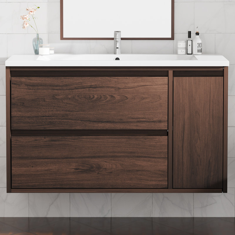 Meuble-lavabo 36 po, meuble-lavabo flottant avec grand rangement, armoire de salle de bain moderne avec 2 tiroirs à fermeture en douceur et 1 porte, brun