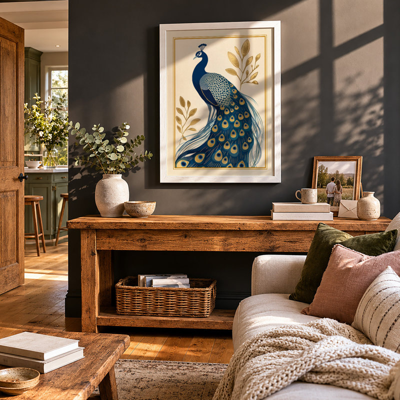Ornamental Peacock Japandi - Framed Print, A3 - 42.0 x 29.7 cm, White