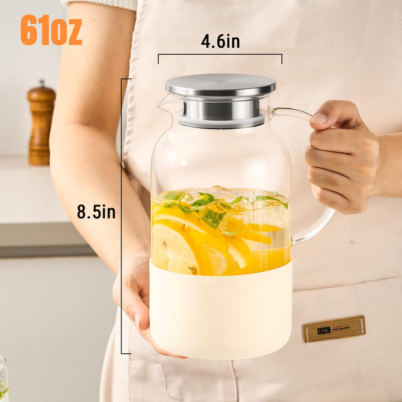 Pichet en verre avec couvercle, 1,7 L (61 oz), base blanc cassé, Off-white base