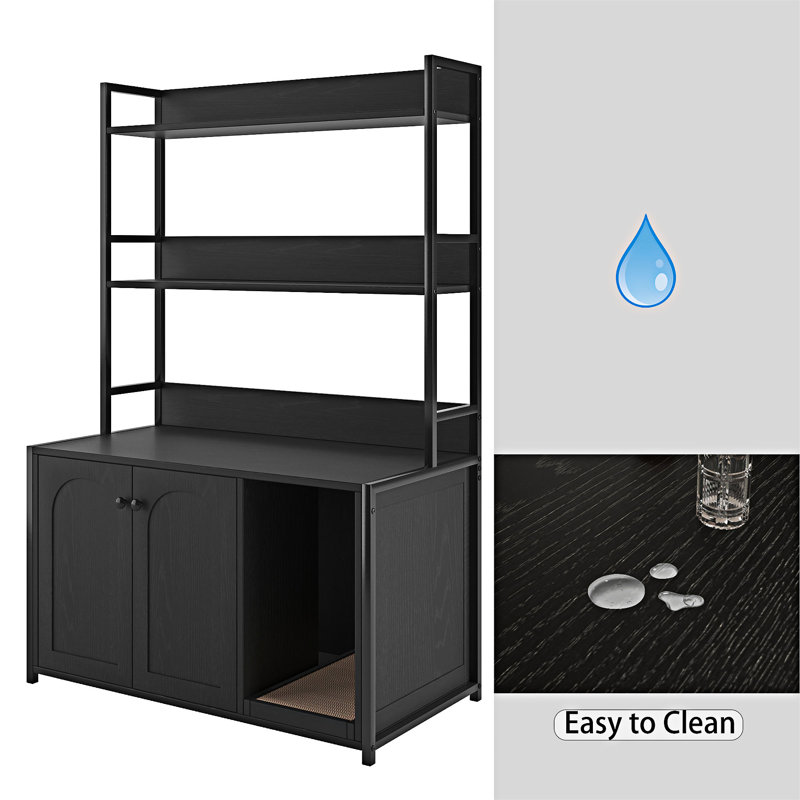 Wooden  Cat Cabinet With 2 Doors,Shelf Storage and Scratch Pad, Black