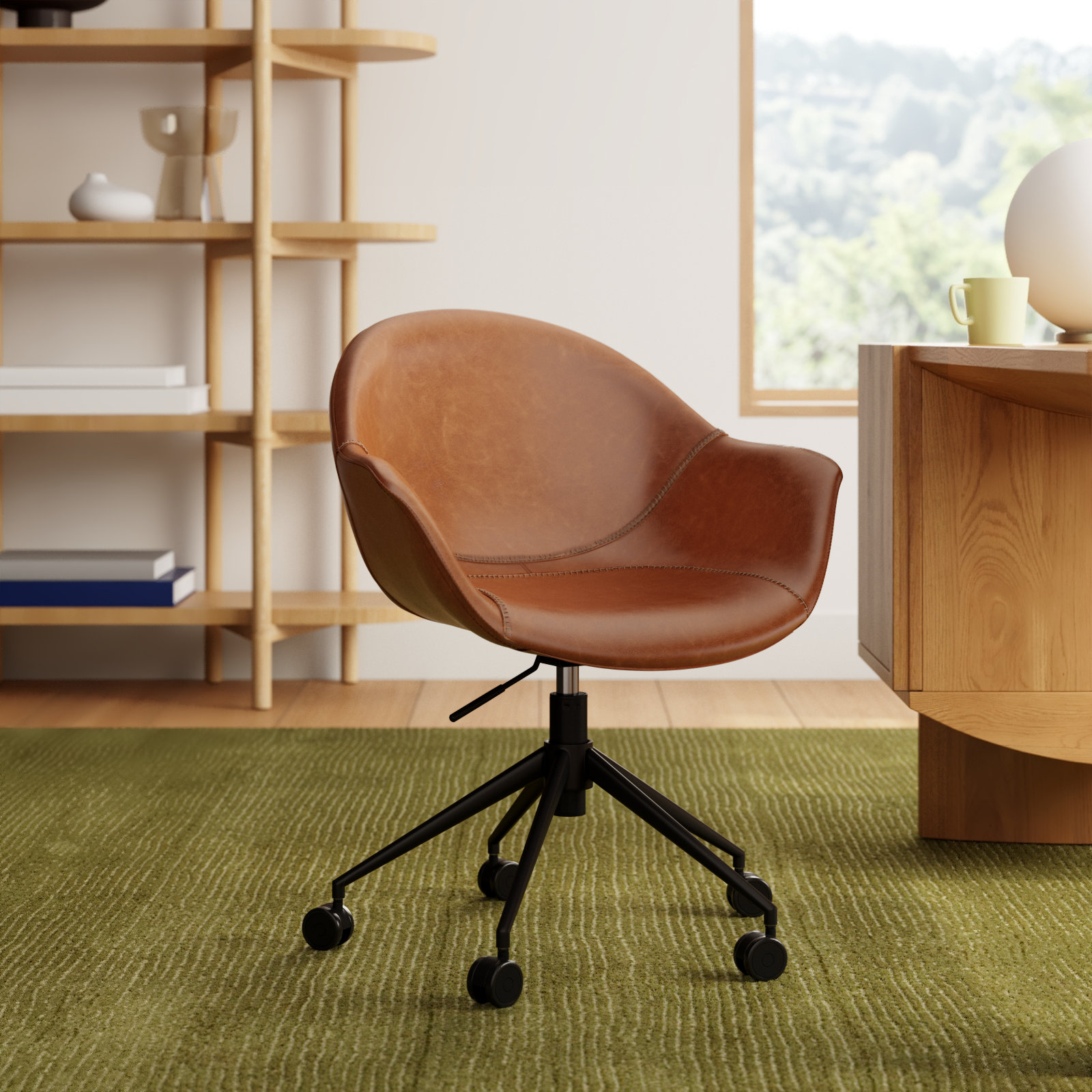 Kealey Swivel Office Chair, Light Brown Faux Leather