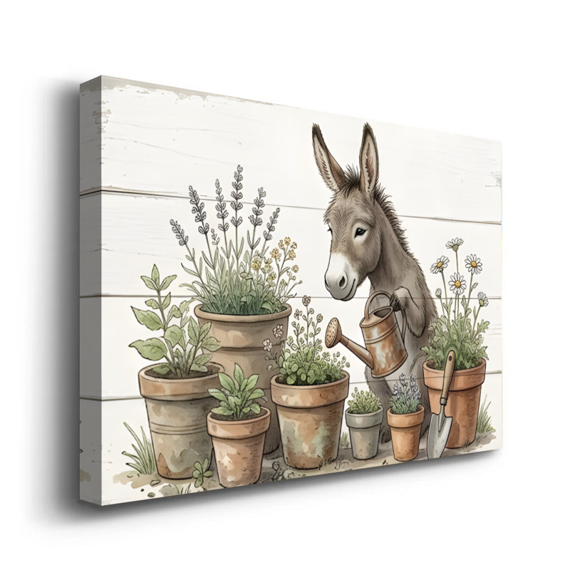 «Gardening Donkey», art sur toile aquarelle fantaisiste