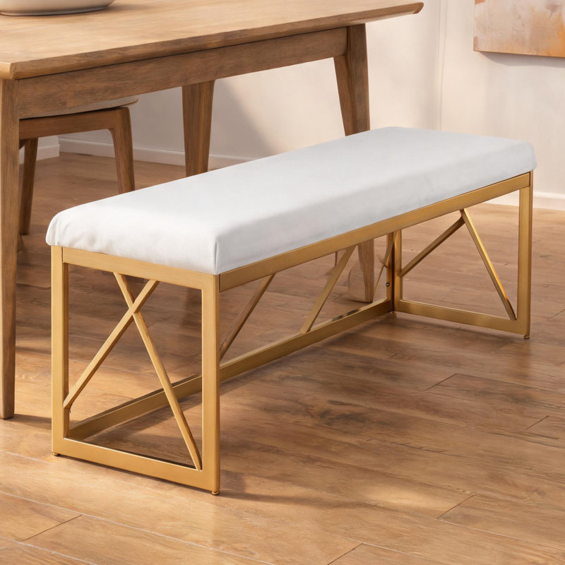 Banc d'entrée, siège en velours blanc pour 2 personnes, structure glamour en métal doré pour la chambre à coucher et la salle à manger
