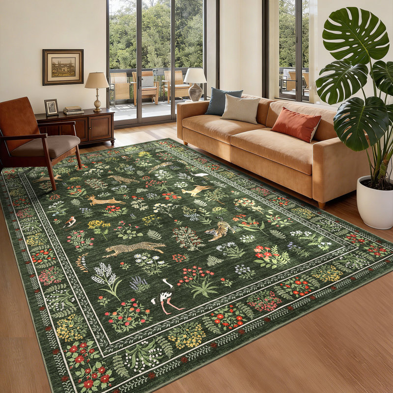 Washable Floral Rug 5x7 Farmhouse Living Room Rug Non Slip, Botanical Animal Carpet, Soft Non Shedding Low Pile Floor Covering, Thin Foldable Mat for Bedroom Dining Room Nursery, Green
