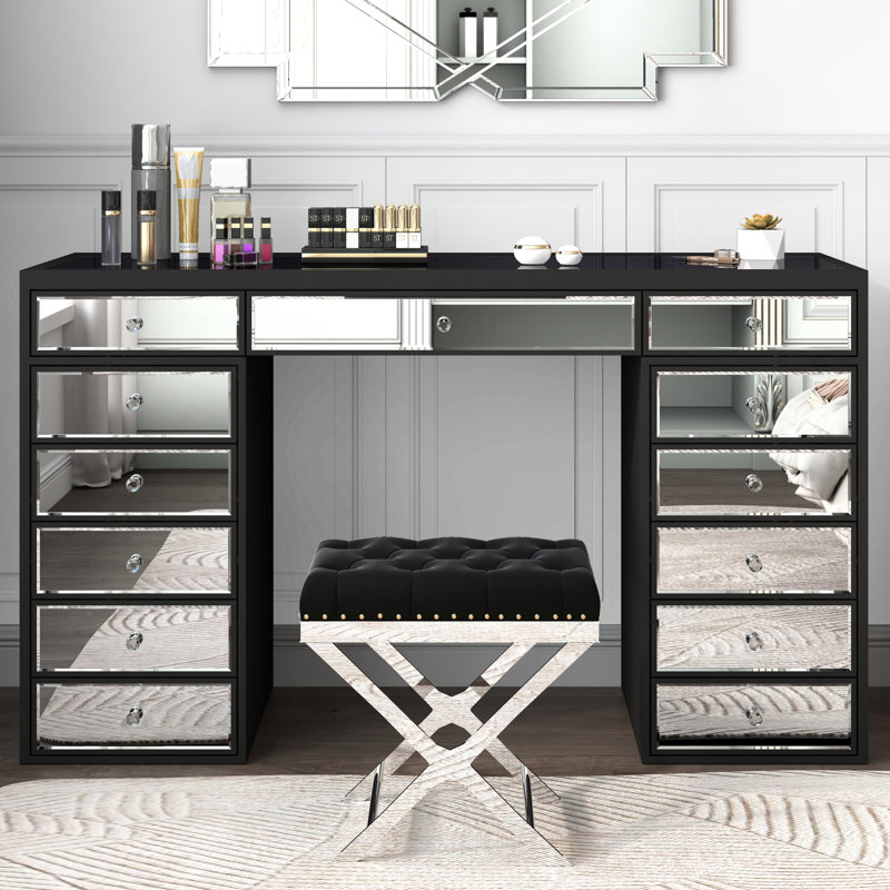 Ninian Vanity Dressing Table with 13-Drawers Glass top 130cm Wide, Black