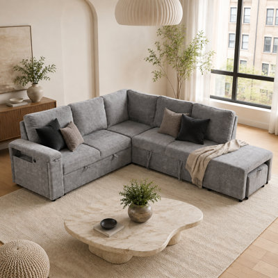 Norvessane 88.6" Wide L-Shaped Pull-Out Sleeper Sectional with Hidden Storage, USB Ports and Cup Holders, Gray