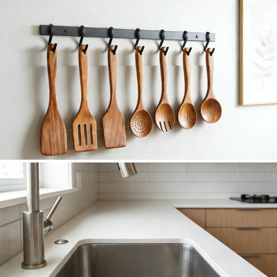 Acacia Wood Cooking Utensils Set Of 7 - Natural Non-Toxic Kitchen Utensils With Spatula, Slotted Spoon, Mixing Spoon, Salad Fork For Non-Stick Cookware And Healthy Cooking