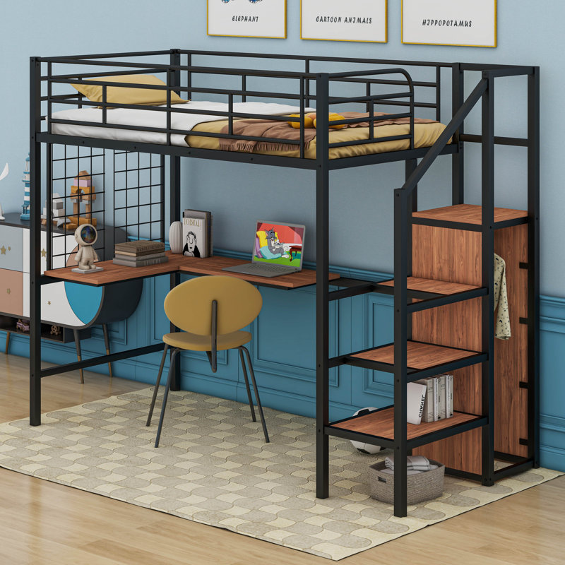  Metal Loft Bed With Desk,Metal Grid, Lateral Storage Ladder And Wardrobe, Twin, Black