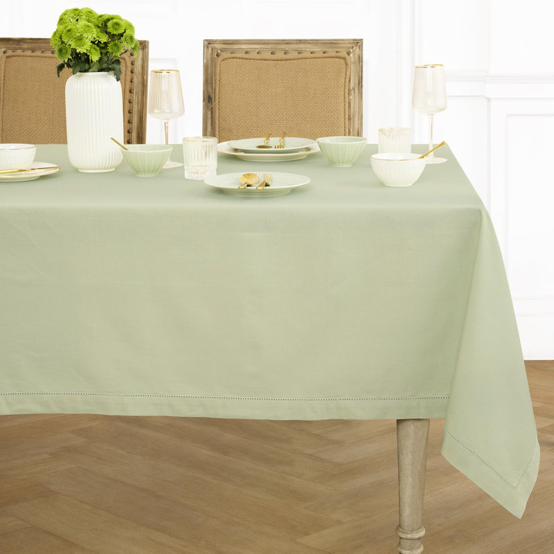 Cotton Linen Hemstitch Tablecloth, 104" x 60", Sage