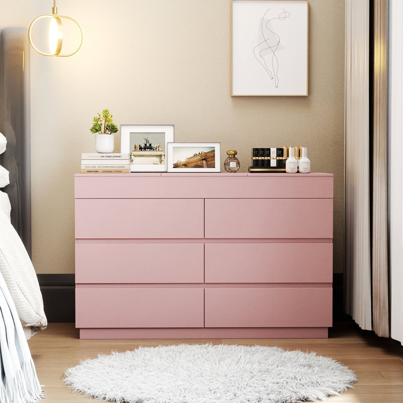 6-Drawer Dresser With Mirror P2 12MM Particleboard With Melamine 47.22"W, Pink
