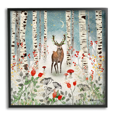 " Deer In Nighttime Birch Forest " by Jacqueline Wild Painting Print