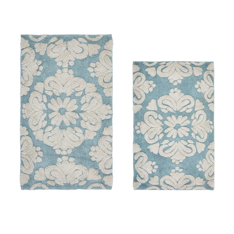 Ensemble de tapis pour salle de bain 2 pièces 100% coton 1885 GSM Chemash, certifié OEKO-TEX®, envers en latex antidérapant, tapis de bain touffetés moelleux pour la douche, la baignoire, le meuble-lavabo et le lavabo double, super absorbant, lavable à la machine, bleu