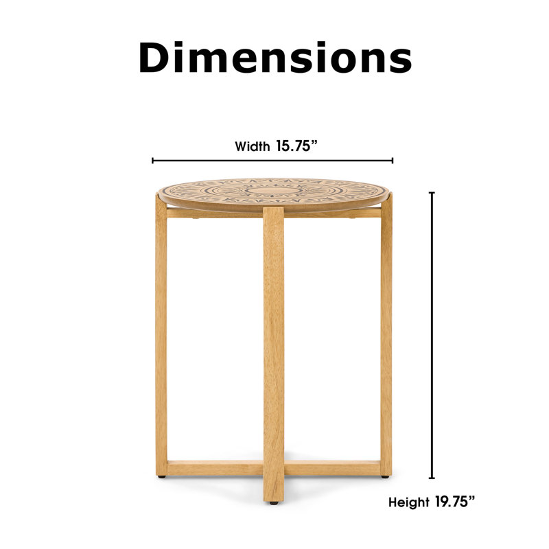 Natural Wood Floral Medallion Side Table with Black Accents