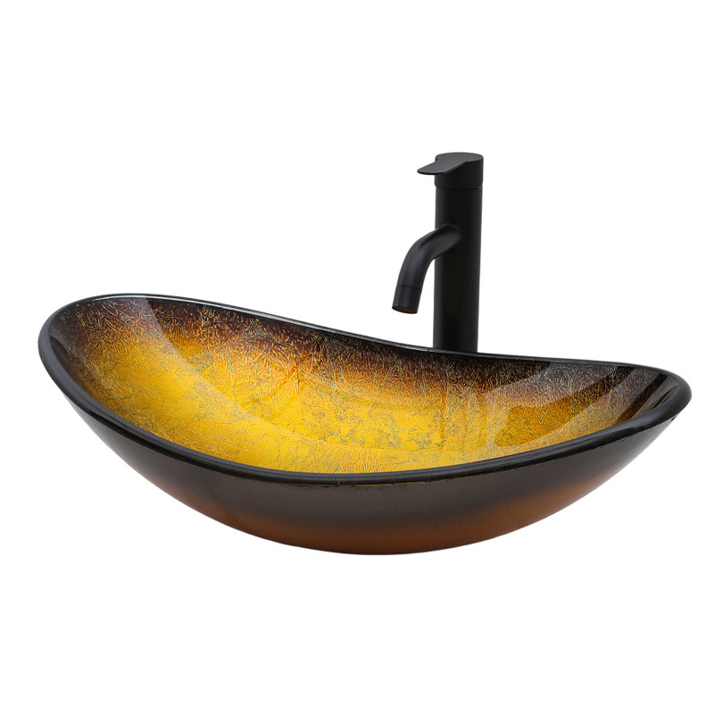 Gold Tempered Glass Vessel Bathroom Sink With Black Pop-Up Drain, Boat Shape Above Counter Basin (No Faucet) | Gift Idea